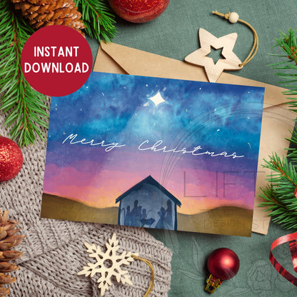 Merry Christmas Nativity Scene 5x7 Card Instant Download