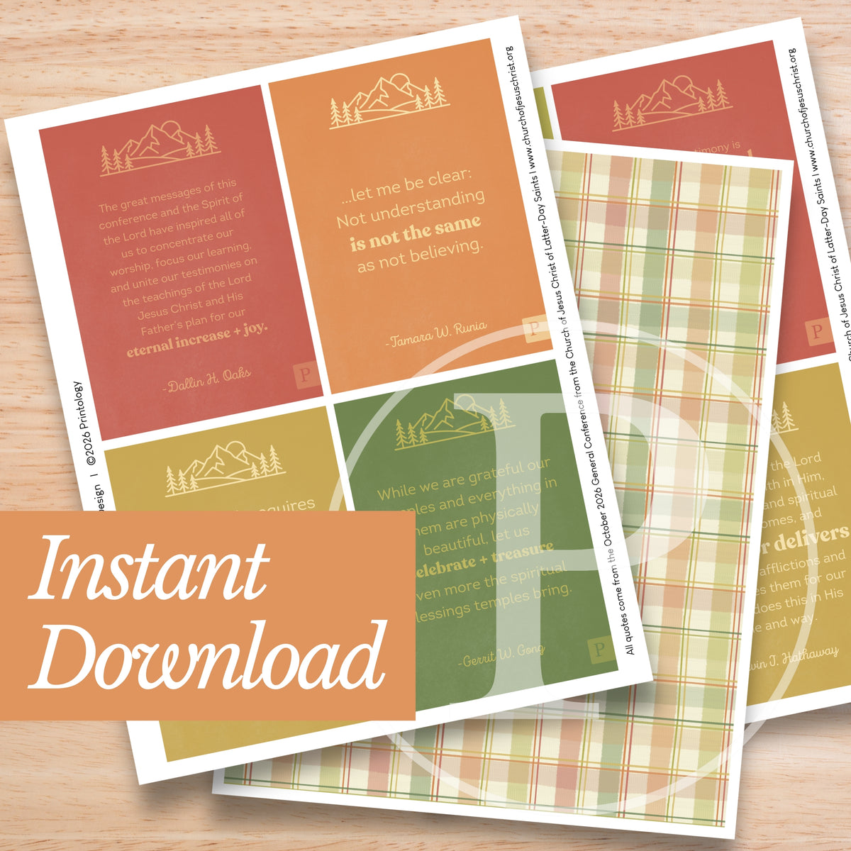 LDS General Conference Quote Pack. Digital  download. The cards feature warm-toned blocks in rust, yellow, olive, and light green, with small mountain-and-tree line art.