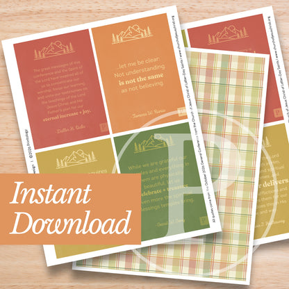 LDS General Conference Quote Pack. Digital  download. The cards feature warm-toned blocks in rust, yellow, olive, and light green, with small mountain-and-tree line art.