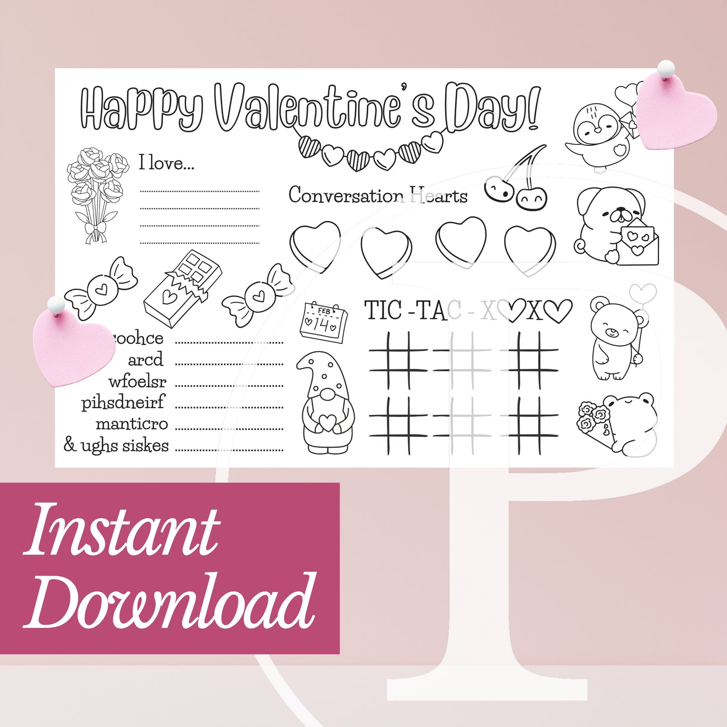 Free Valentine's Coloring Page Placemat Instant Download