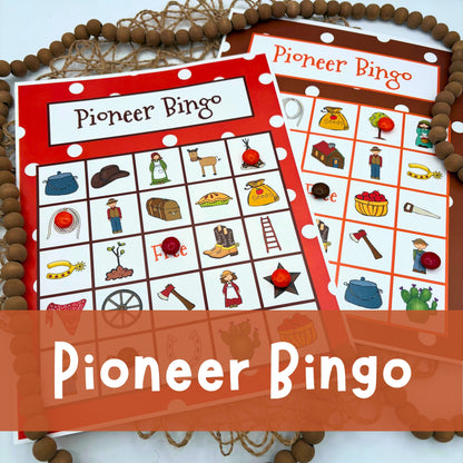 Pioneer themed bingo game with pioneers, cowboy hats, log cabins, covered wagons, cactus, bandanas, horses, and more. Buy the physical game cards (shipping available) or the printable pdf instant download.