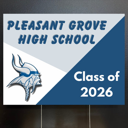 Pleasant Grove High School Class of 2026 sign with school logo on a dark background