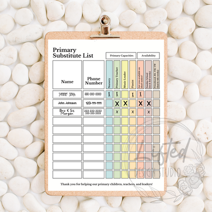 Colorful Primary Substitute List Instant Download