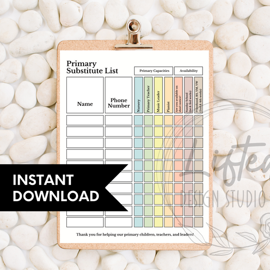 Colorful Primary Substitute List Instant Download