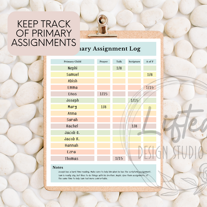 Example of Printable Primary Assignment log