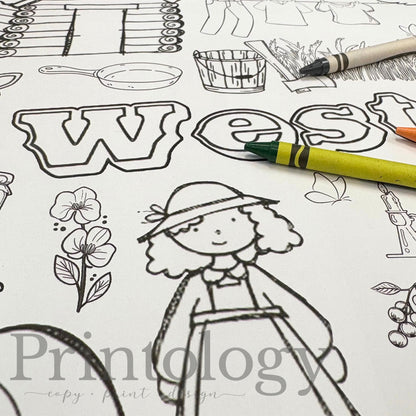 Pioneer  coloring sheet girl, flowers, and the words 'Westward, Ho!' in a background.