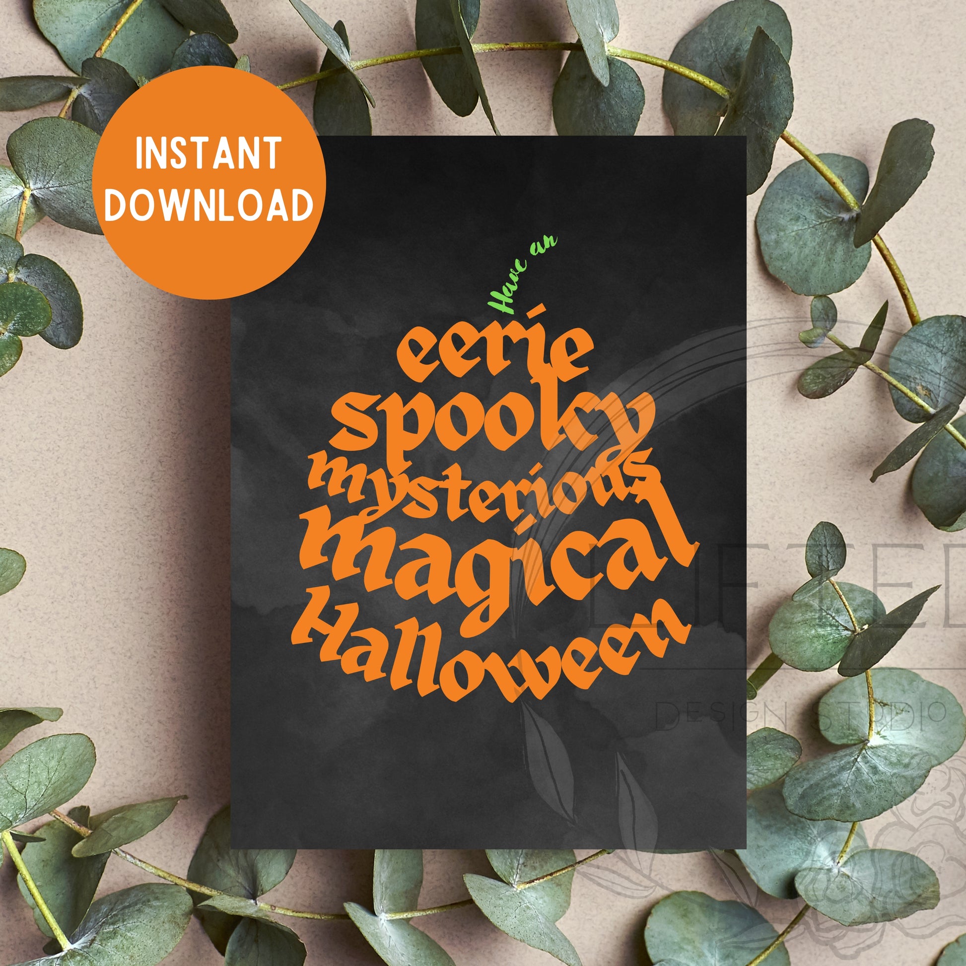 Halloween Greeting cards with typography that says "Have an eerie, spooky, mysterious, magical, Halloween"