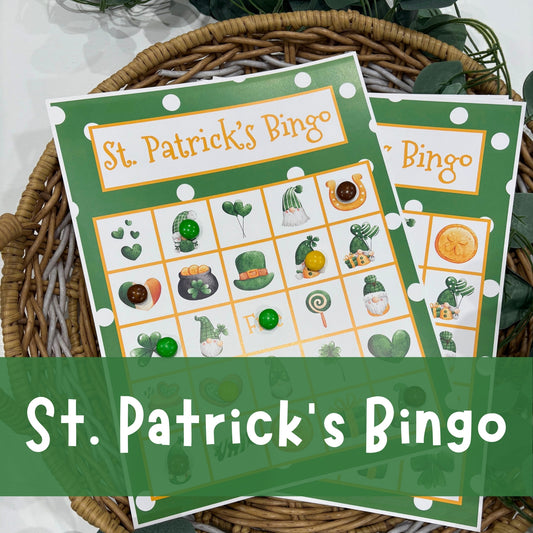  Green Saint Patrick's Day Bingo  Game with leprechauns, shamrocks, luck, green, clovers, gold, and Irish fun!