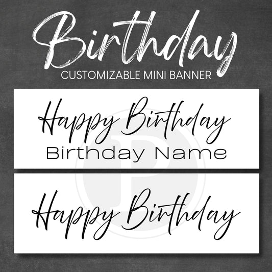 Happy Birthday customizable mini banner design on a dark background. Simple, minimalist, black and white, achromatic birthday mini banner.