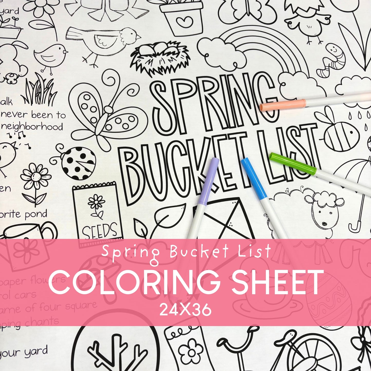 Coloring sheet with spring-themed activities and markers on a white background. With over 50 fun Spring activity ideas! 