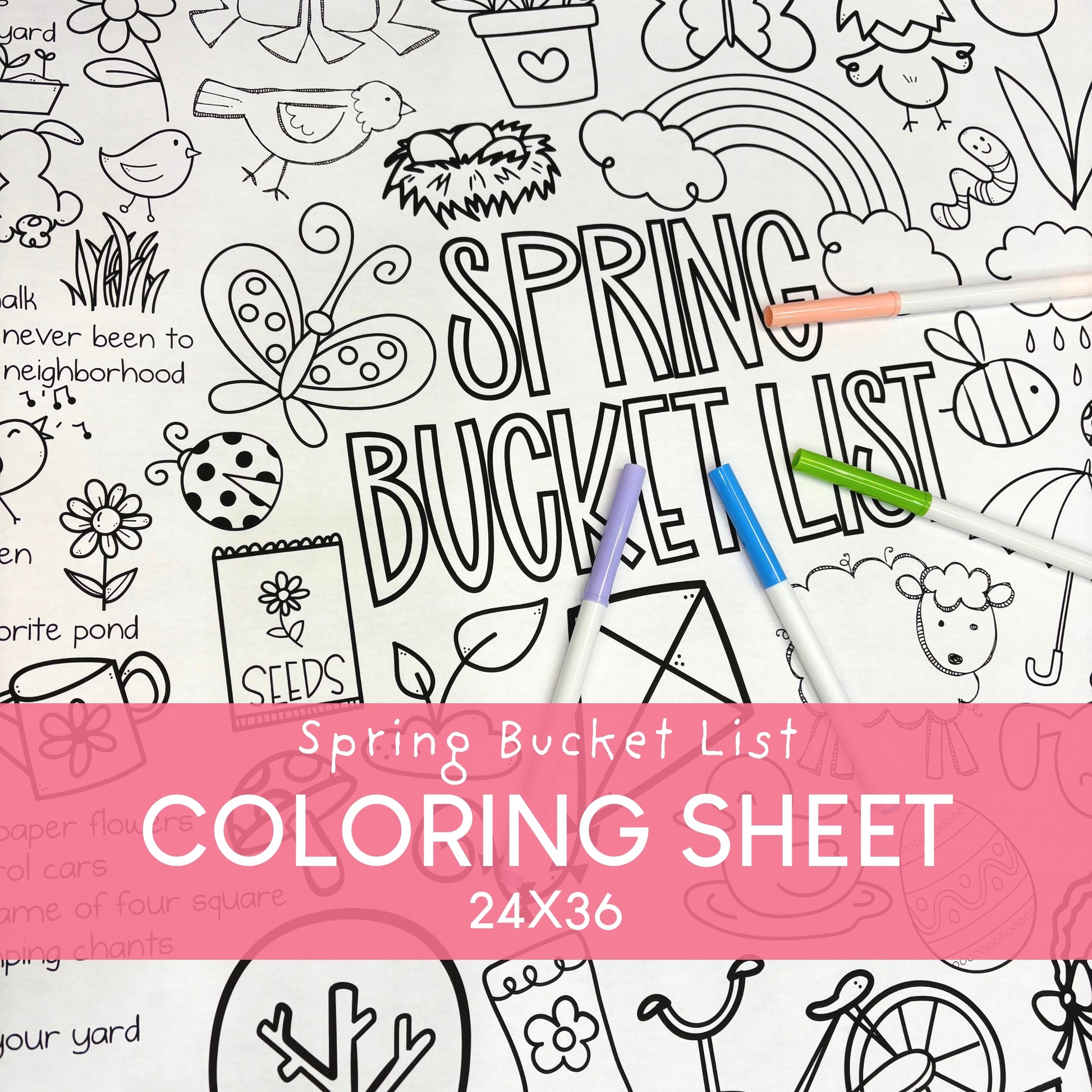 Coloring sheet with spring-themed activities and markers on a white background. With over 50 fun Spring activity ideas! 