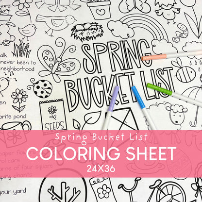 Coloring sheet with spring-themed activities and markers on a white background. With over 50 fun Spring activity ideas! 