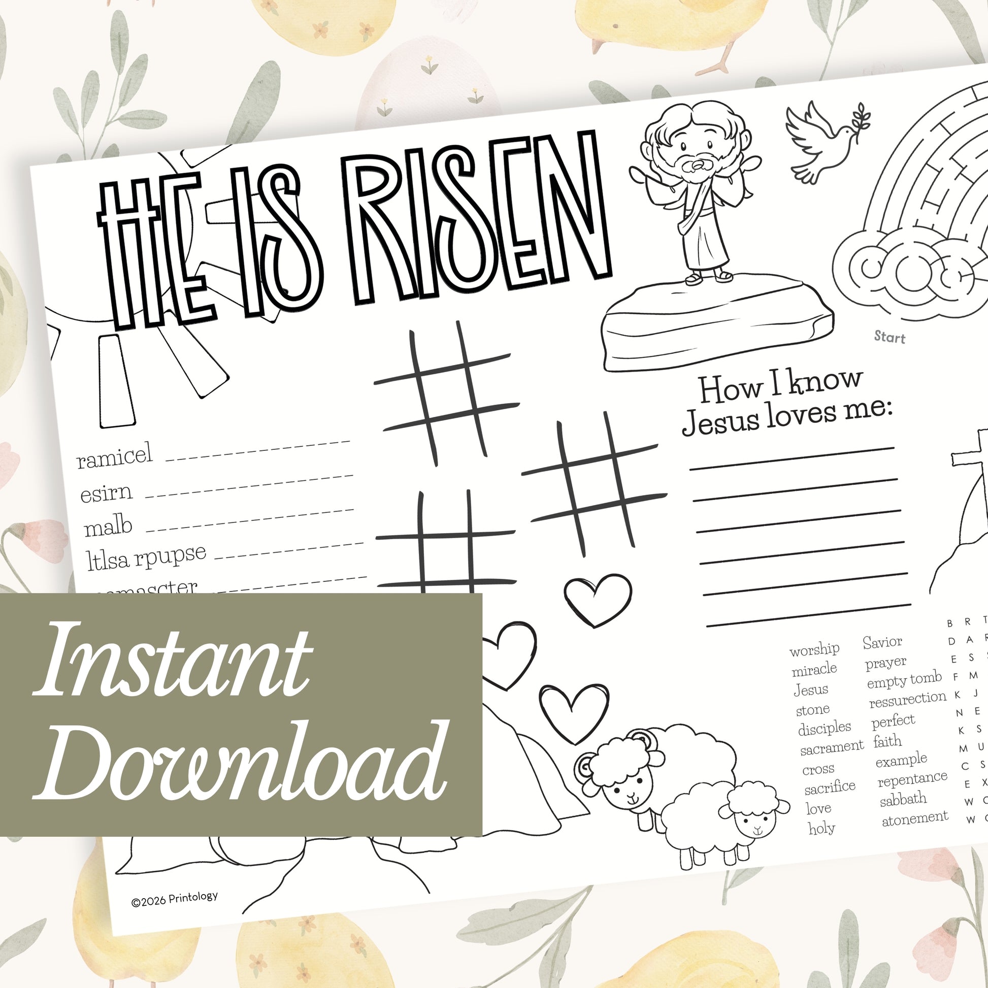 Easter-themed coloring page with 'He is Risen' text and various activities on a floral background.