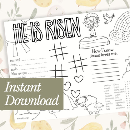 Easter-themed coloring page with 'He is Risen' text and various activities on a floral background.