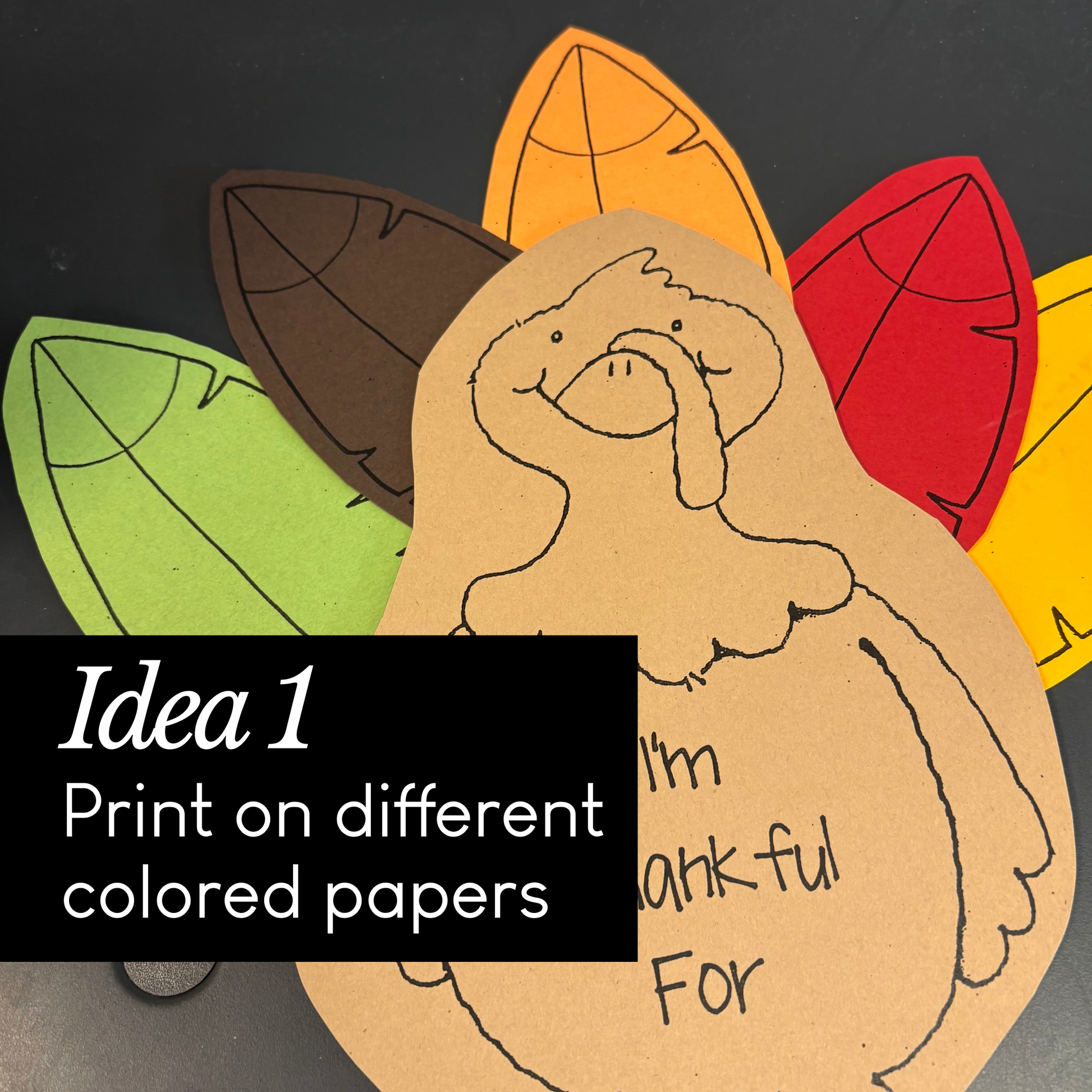 Color cardstock turkey with colorful paper leaves and text on a black background