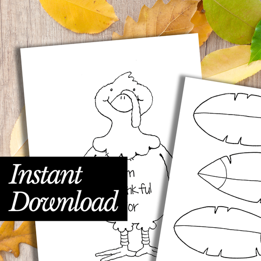 Black and white line art of a turkey and feathers on a white sheet with fall leaves around. I am thankful for thanksgiving Activity. FREE printable