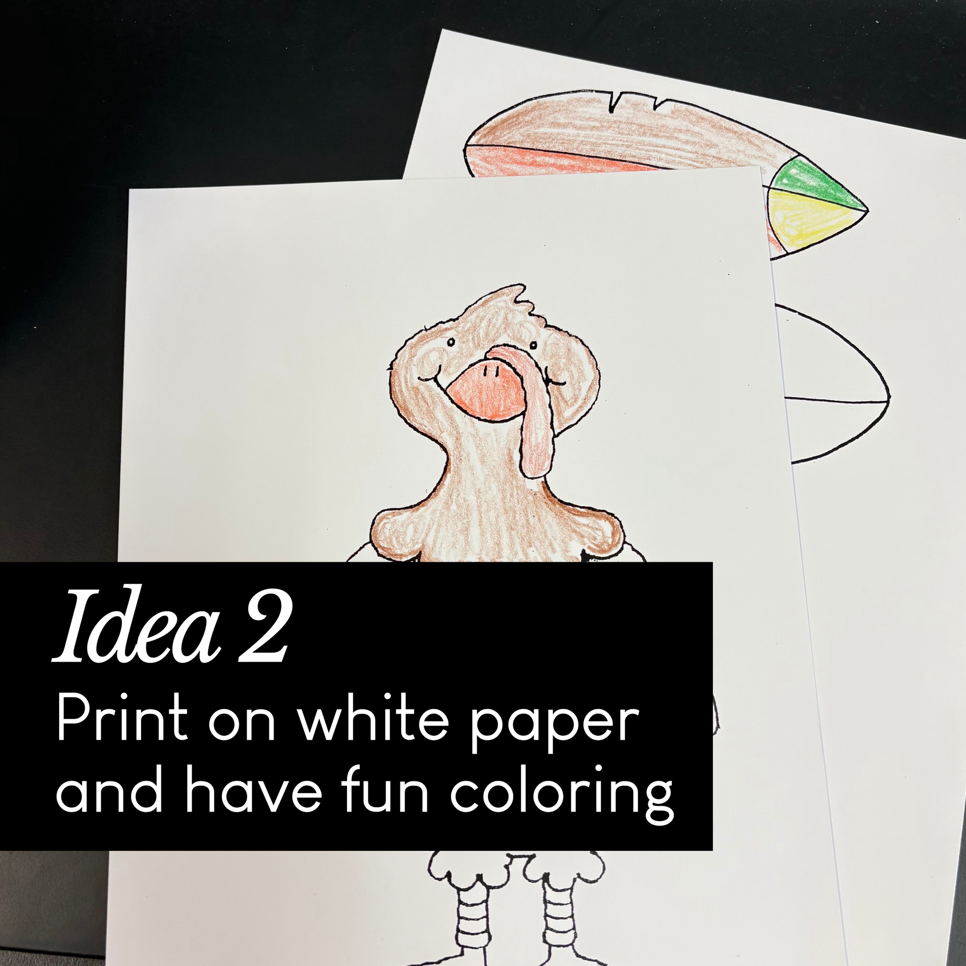 Colorful drawing of a cartoon character on white paper with text overlay.