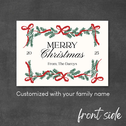 Christmas card with red ribbons and greenery on a cream background, featuring text 'Merry Christmas' and customizable family name.