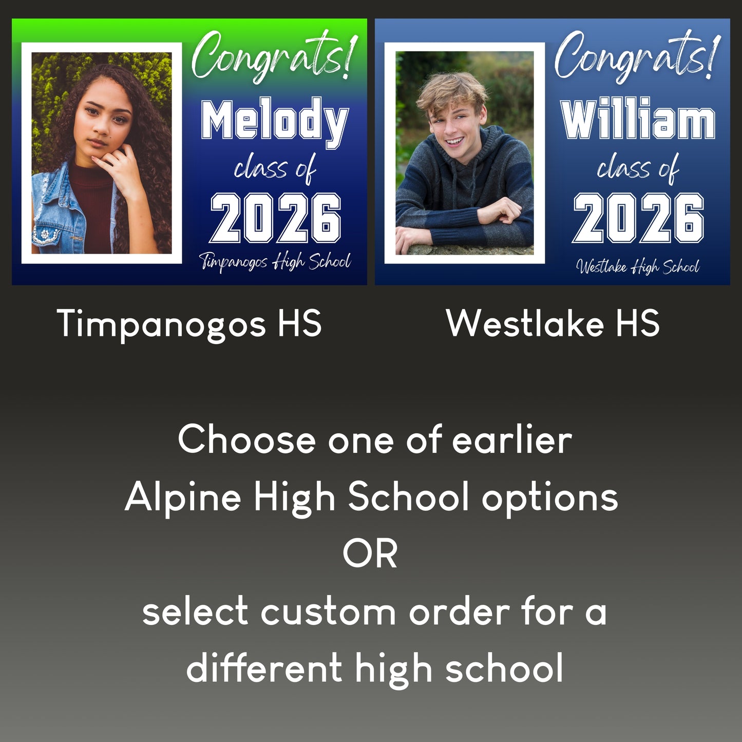 Promotional graphic for customizable high school graduation Yard Signs for Timpanogos HS and Westlake HS. 