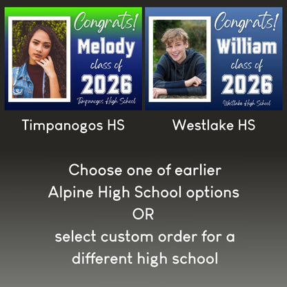 Promotional graphic for customizable high school graduation Yard Signs for Timpanogos HS and Westlake HS. 