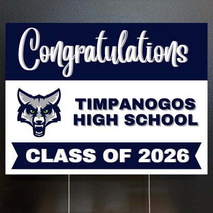 Graduation yard sign for Timpanogos High School Class of 2026 with a wolf logo on a dark background.