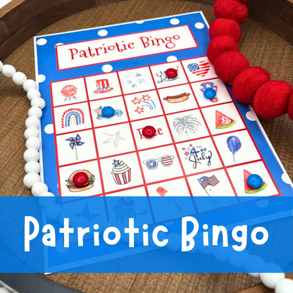 Red, white, and blue patriotic Bingo game with fireworks, watermelon, hot air balloons, and American flag graphics! Perfect for the 4th of July/Independence Day, Memorial Day, President's Day, and Summer gatherings! Printed product or digital download available.