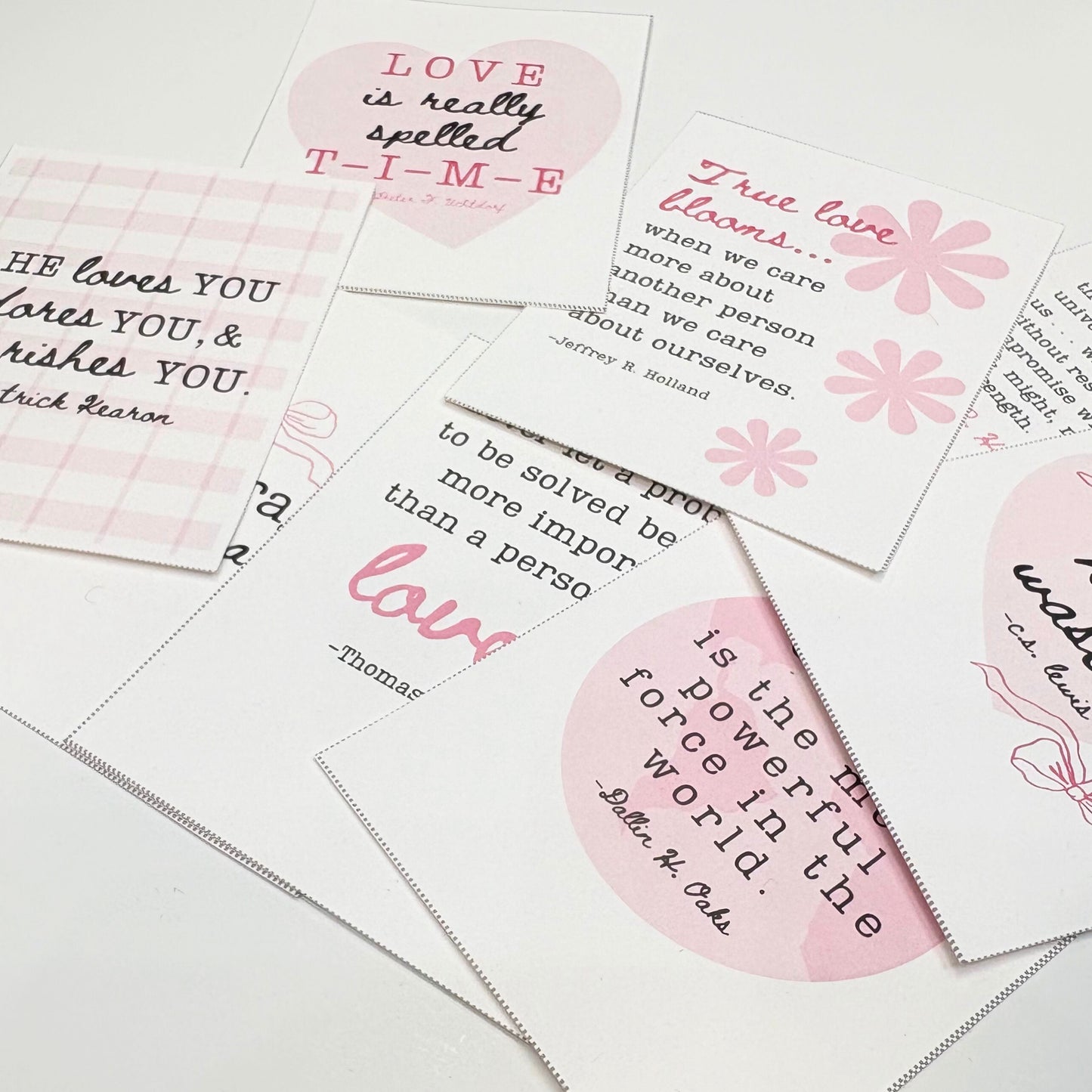 Collection of love-themed Valentine cards with inspirational quotes on a light background. LDS Quotes. 