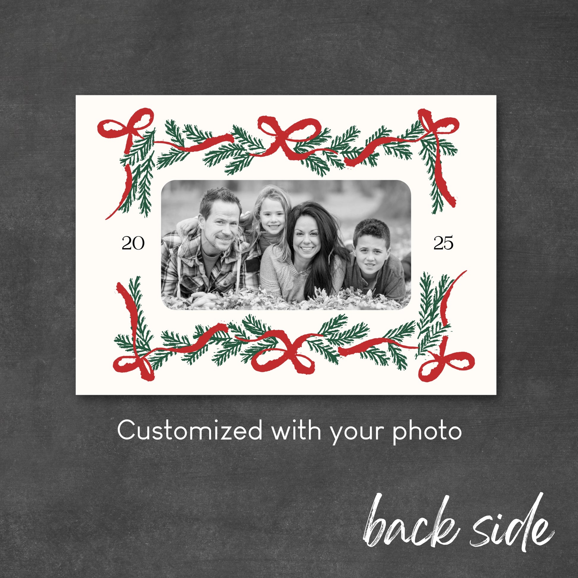 Christmas card with decorative ribbons and a photo placeholder for your photo.