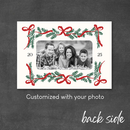Christmas card with decorative ribbons and a photo placeholder for your photo.