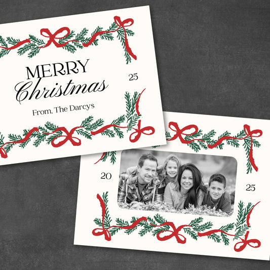 Christmas card with festive design and family photo on a dark background