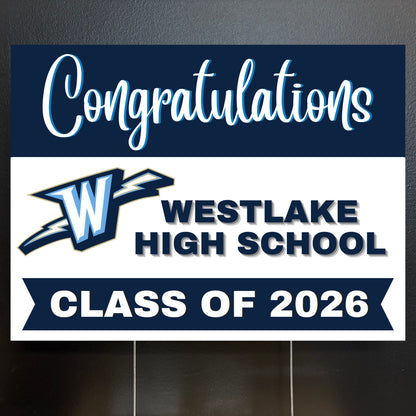 Graduation sign for Westlake High School Class of 2026 with 'Congratulations' text.