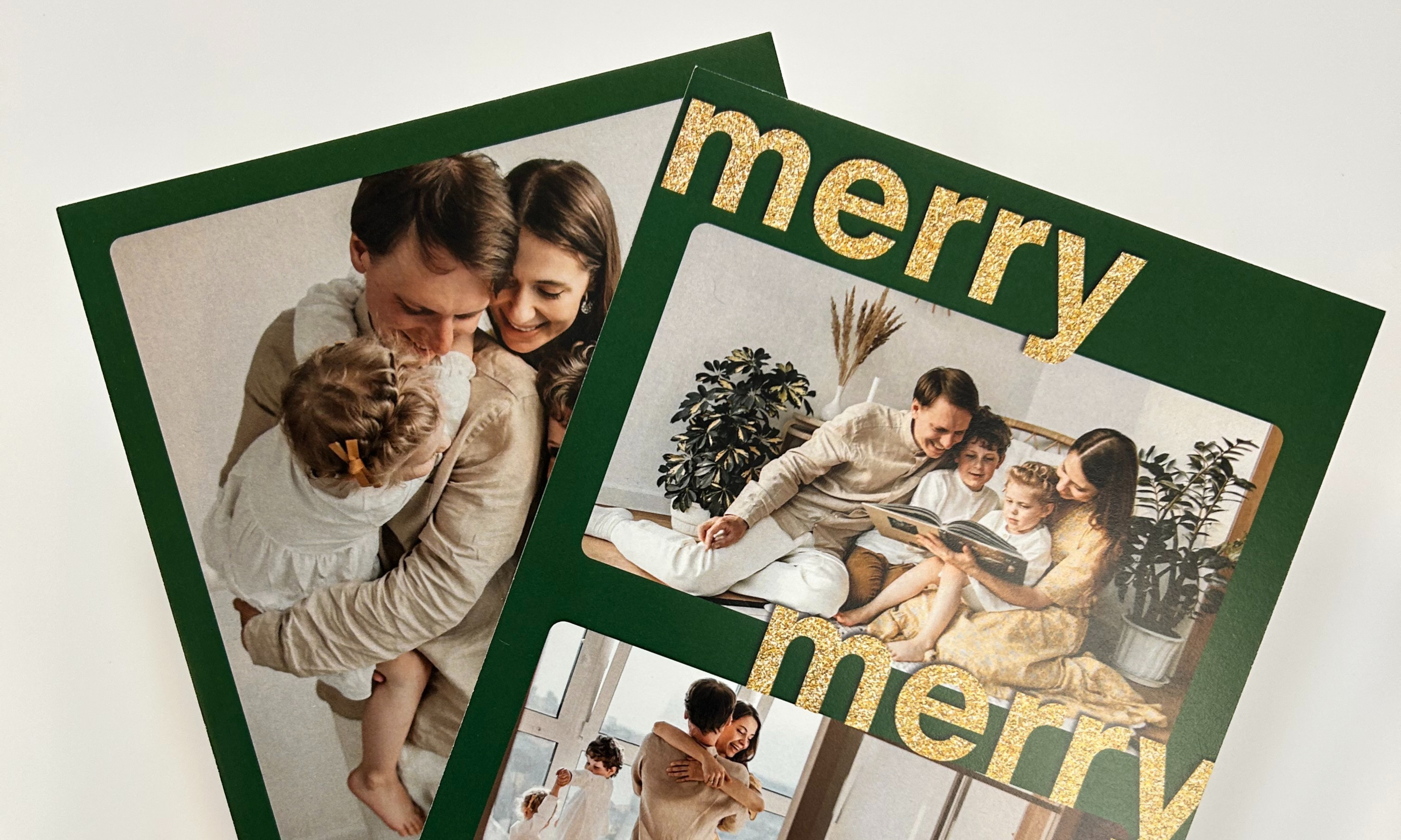 Two Christmas cards featuring a family with children on a white background